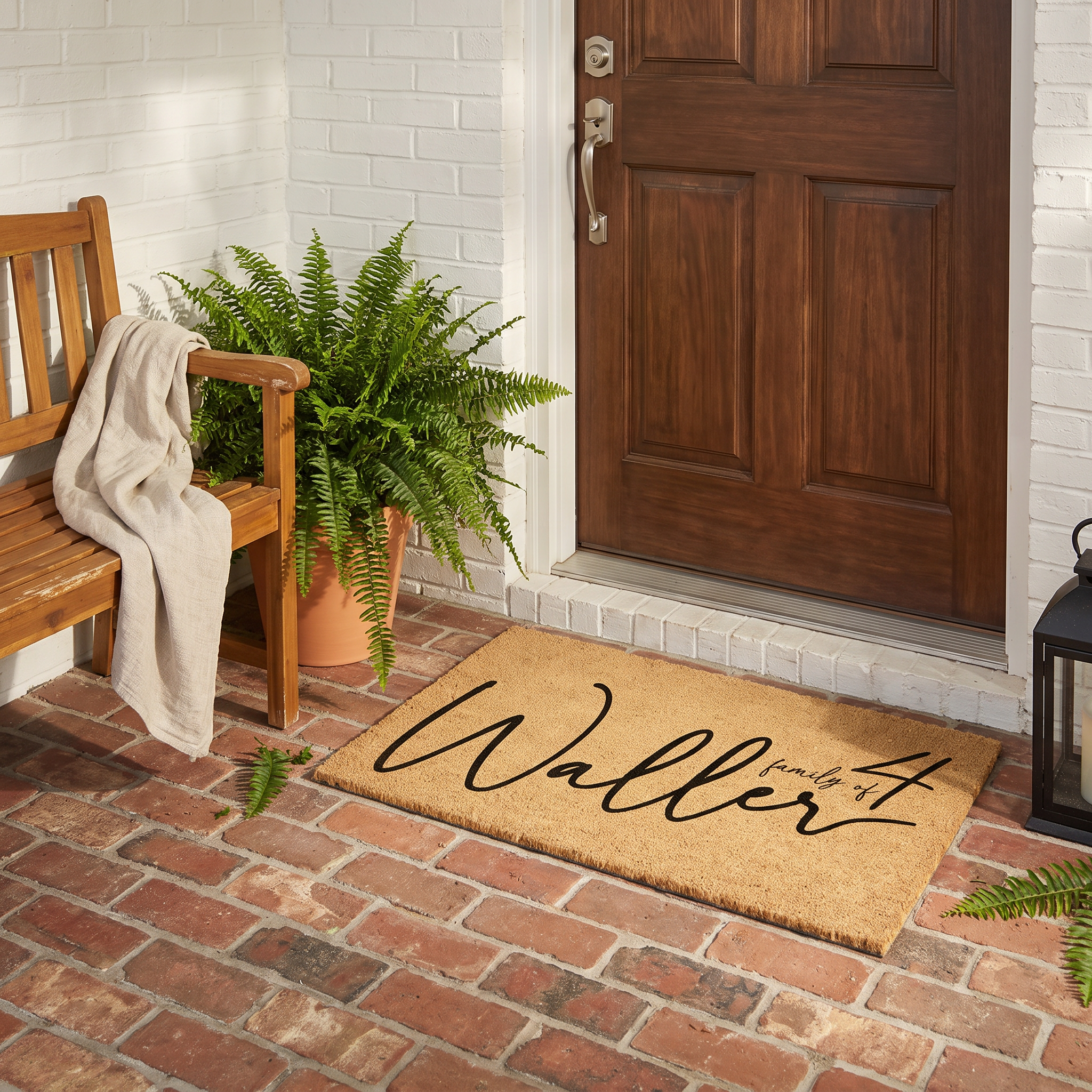 Family name doormat with a surname and family of four in black script, on a brick porch beside a fern