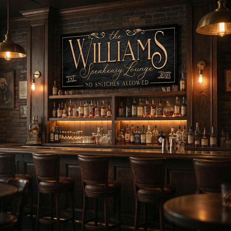 family name speakeasy sign that says 'The Williams Speakeasy Lounge' sign and shelves stocked with bottles.