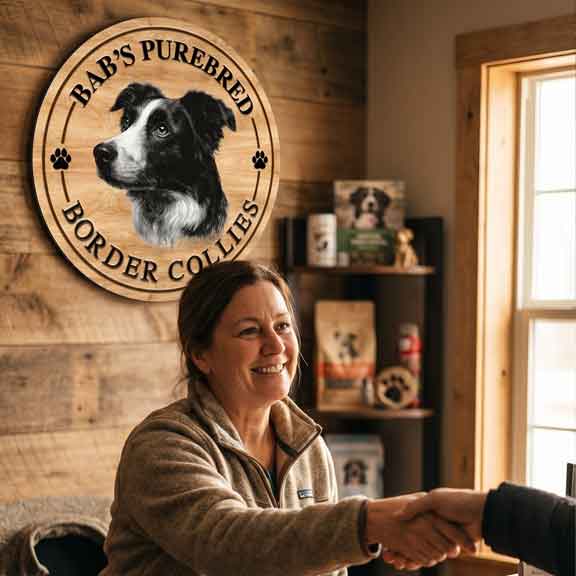 farm business sign - Woman shaking hands with another person in a room with a wooden wall featuring a 'Bab's Purebred Border Collies' sign.