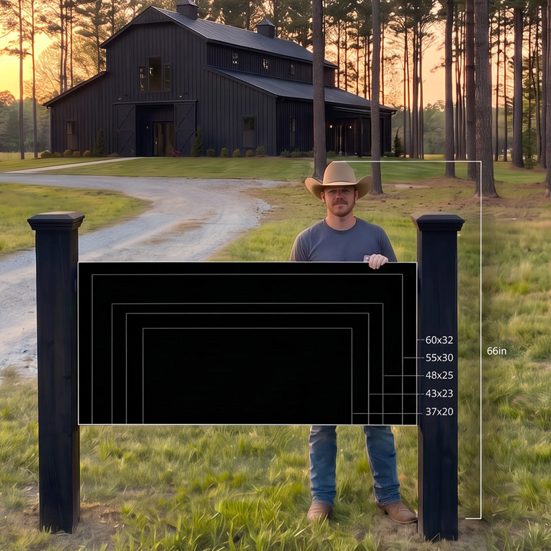 Farm entrance sign size chart comparing 37x20, 43x23, 48x25, 55x30 and 60x32 inch signs against a 66 inch tall man at a black barn driveway