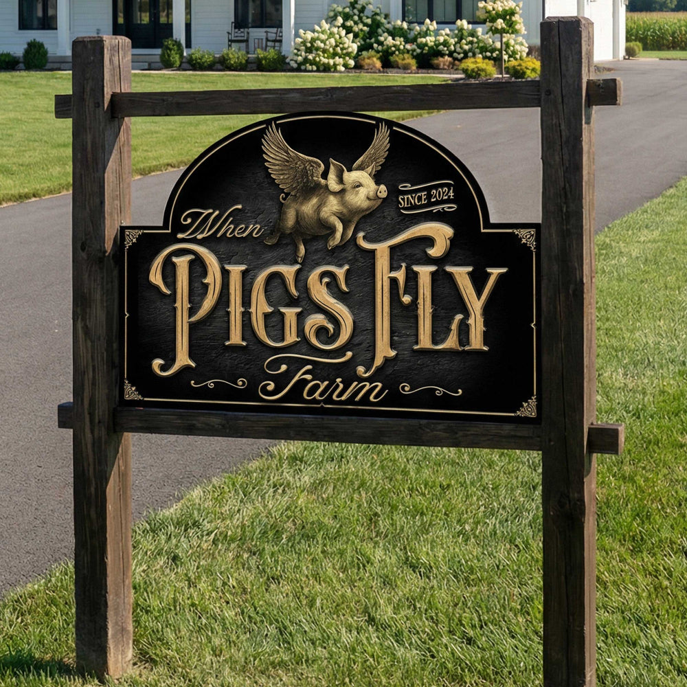 farm entrance sign of a pig flying with the words When Pigs Fly Farm in Gold lettering, mounted on a wooden stand in front of a home.