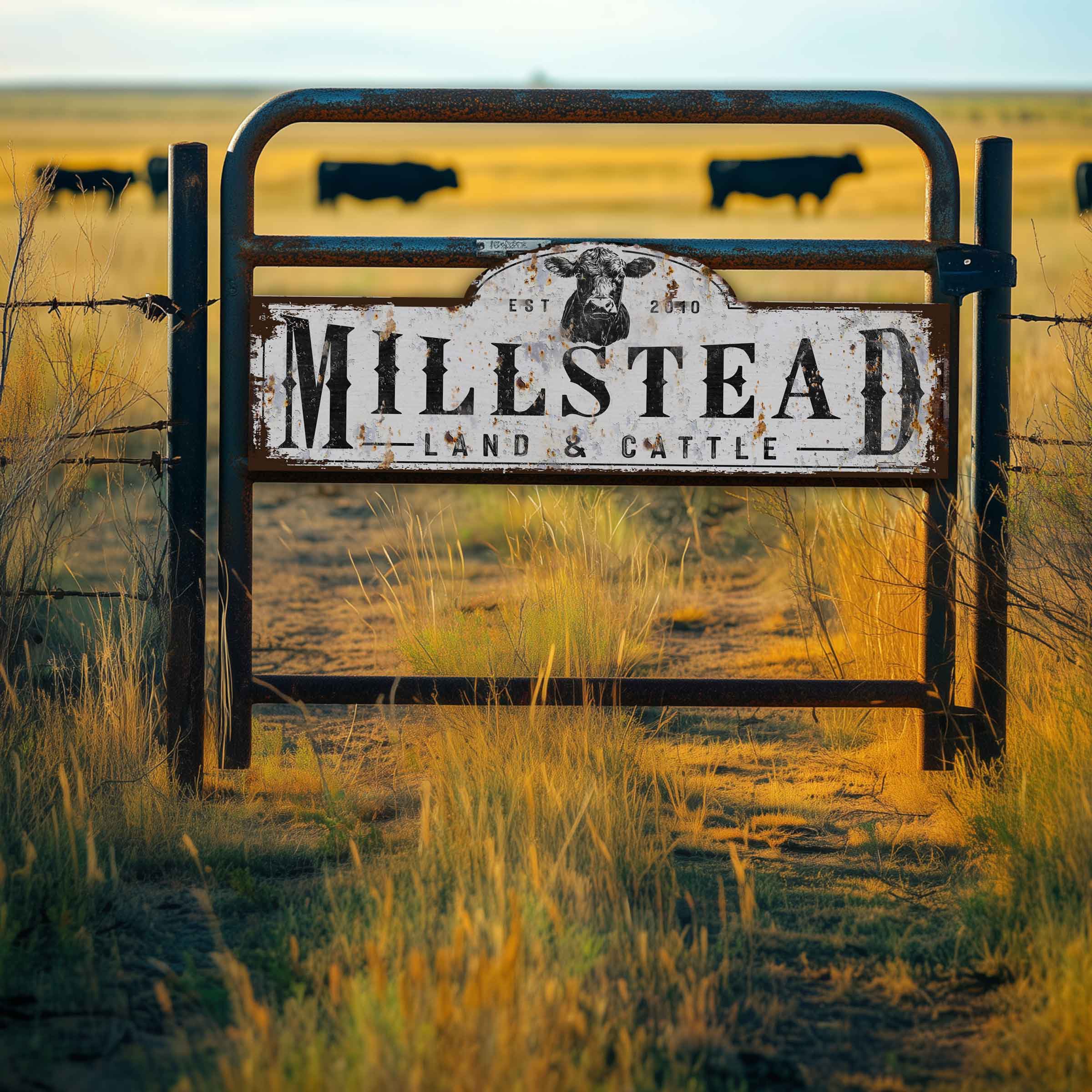 Farm gate sign in rustic texture with name and date on it
