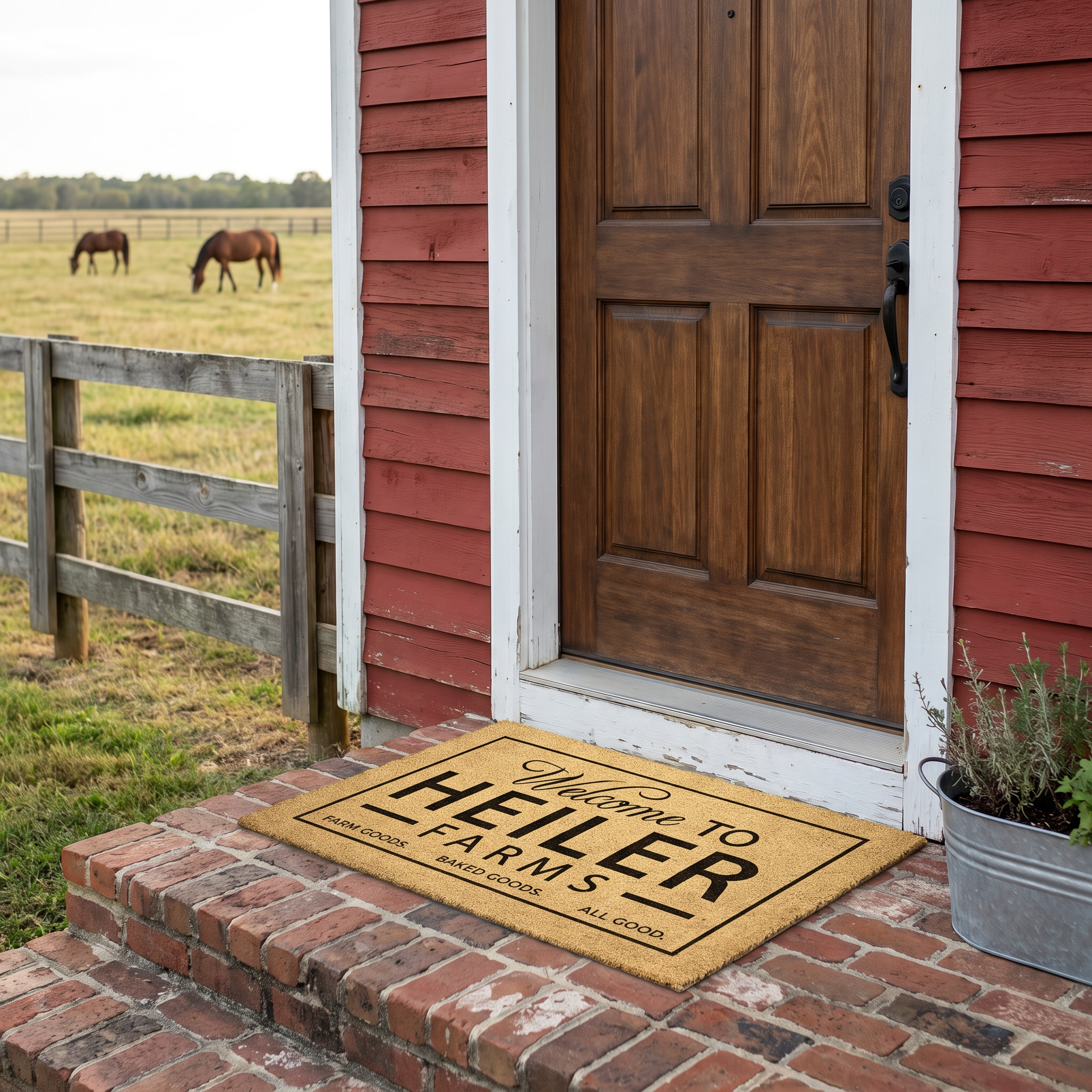 Farm name doormat on a brick step at a red farmhouse door with horses in the pasture behind