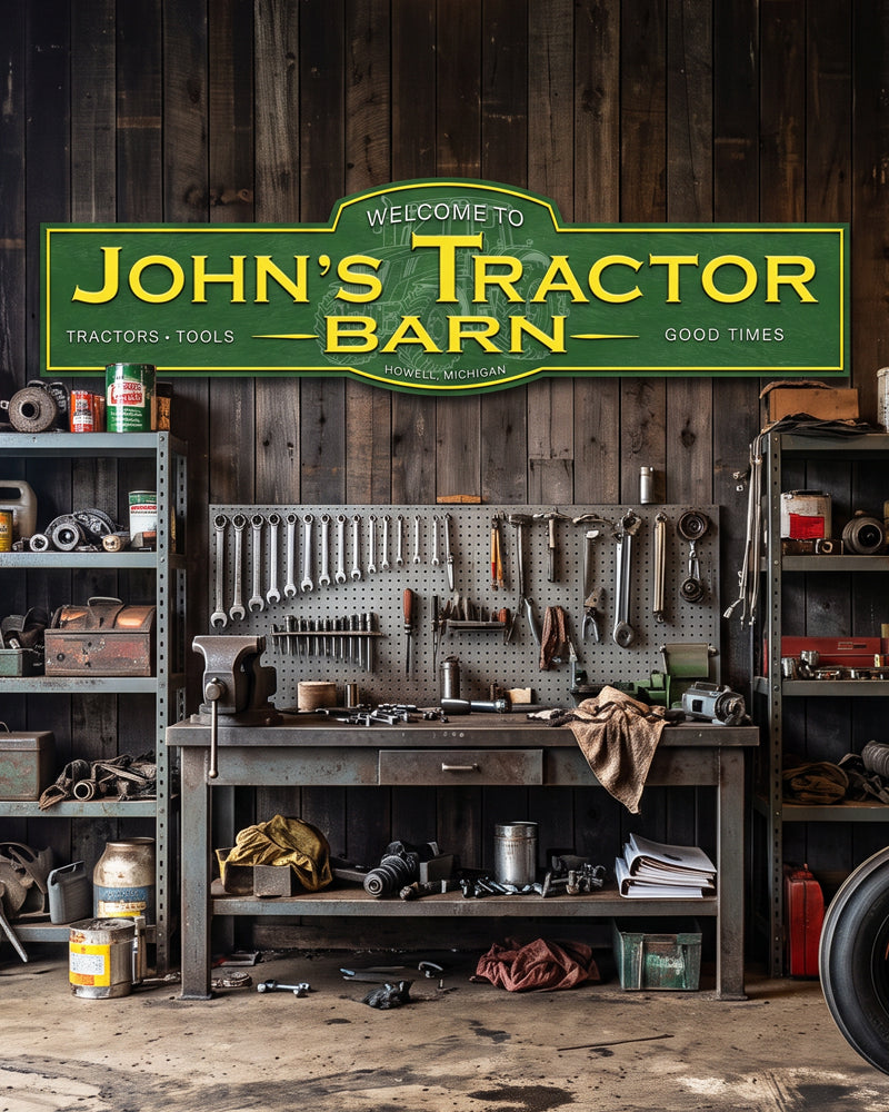 Green and yellow farm shop sign hung over a pegboard workbench in a dark wood workshop