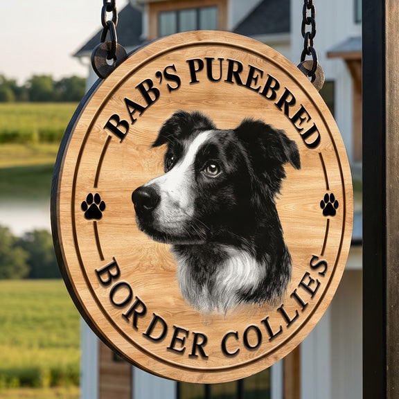 Metal that looks like Wood - sign with a border collie's face and text 'Bab's Purebred Border Collies' against a blurred outdoor background.