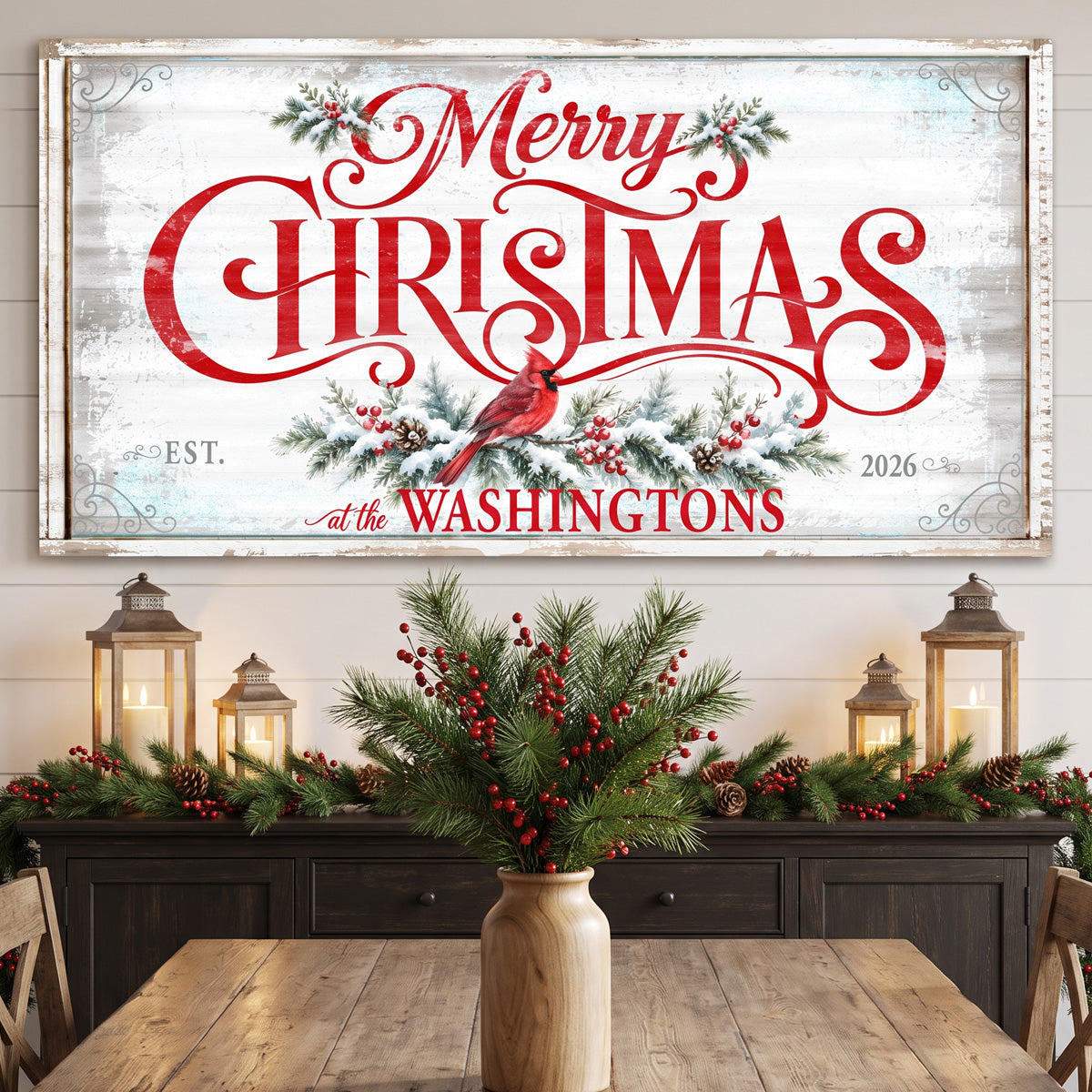 farmhouse house christmas decor sign that says Merry Christmas with a cardinal.