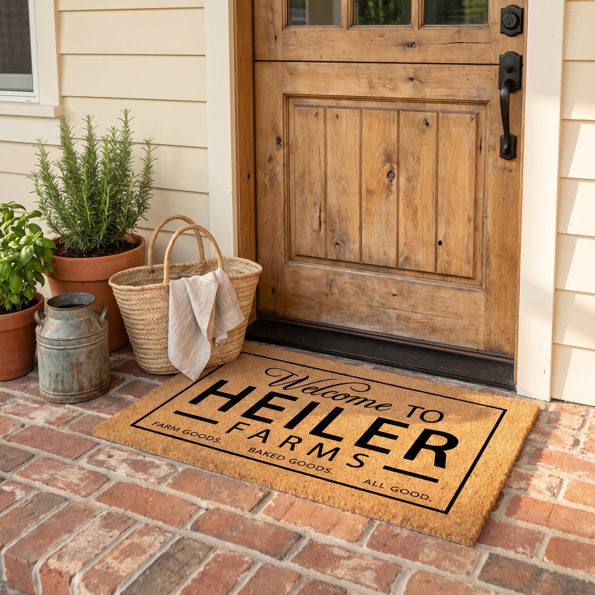 Farmhouse doormat reading Welcome to Farms with a farm name, on a brick porch with a market basket
