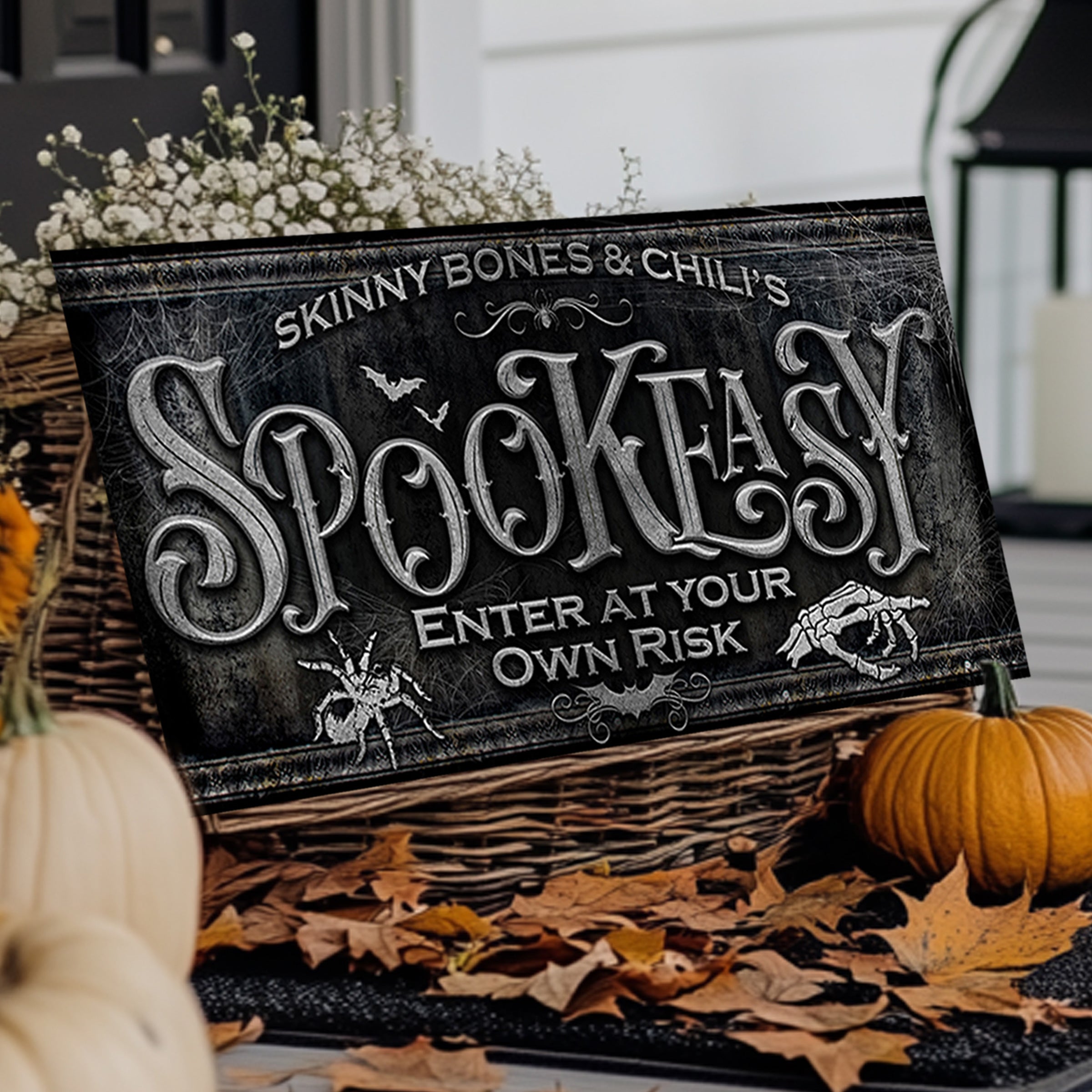 farmhouse halloween decor of a spookeasy sign in a wicker basket
