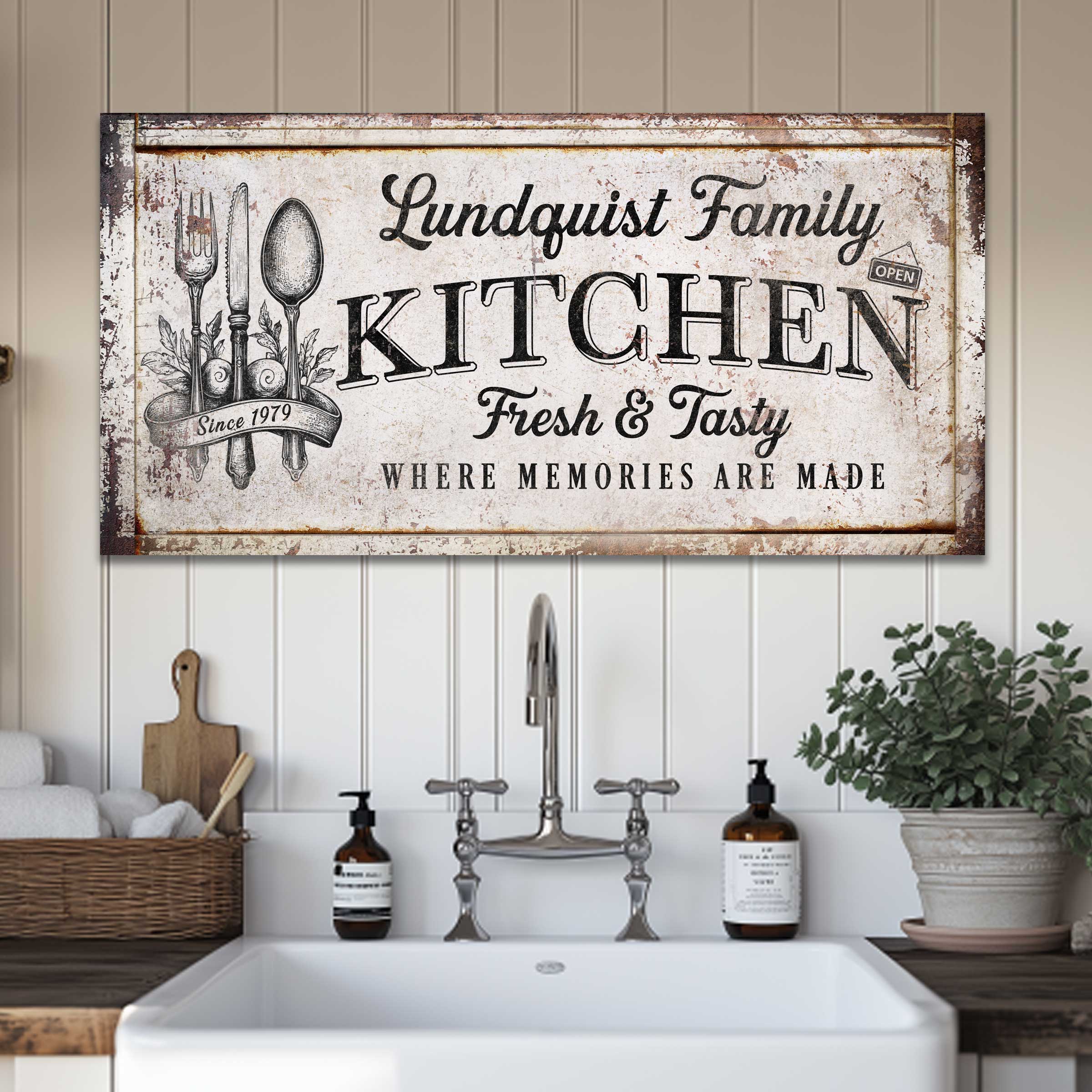 farmhouse kitchen sign with personalization on rustic background with words (name) Kitchen fresh and tasty