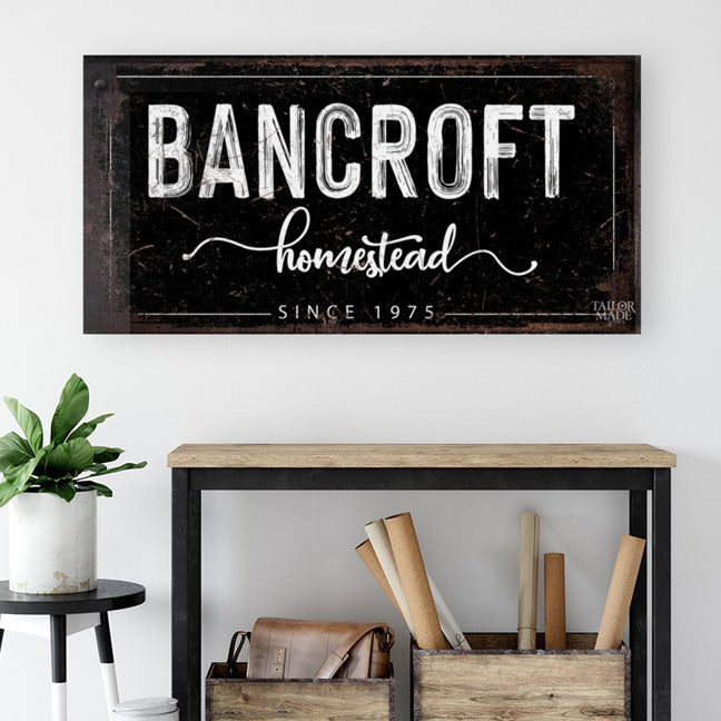 personalized name sign farmhouse wall decor- family name and homestead with date on black with white lettering
