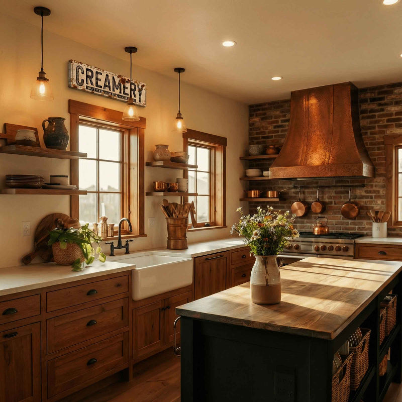 farmhouse wall decor on top of a sink in a modern farm kitchen.