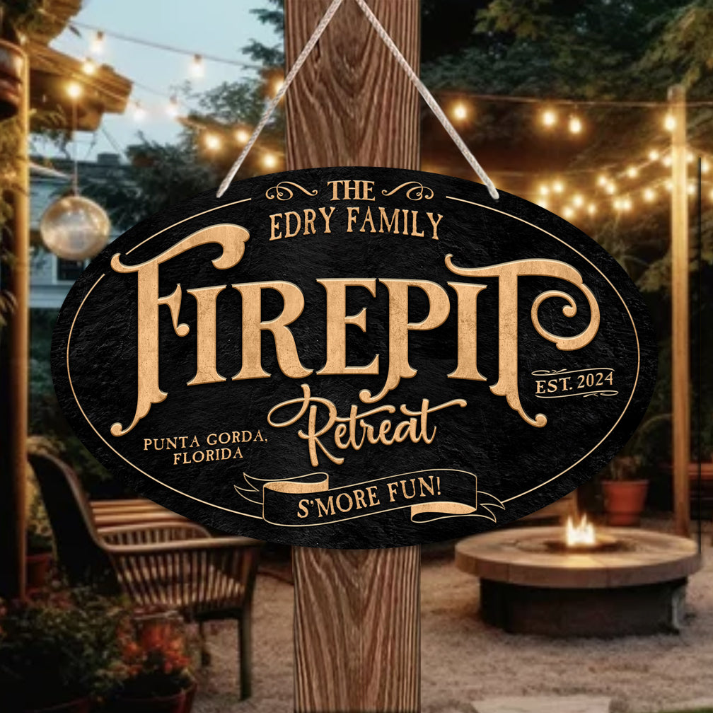 Patio Decor Sign Firepit Retreat on black textured background with personalized family name and city and state.