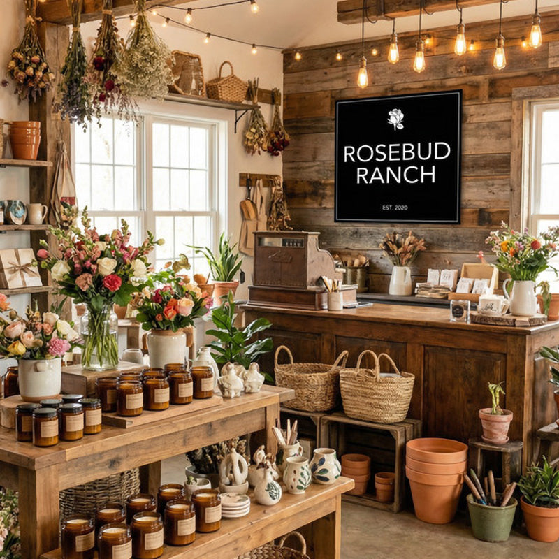 Decorative flower boutique signs interior of a rustic kitchen with 'Rosebud Ranch' sign, flowers, and jars.