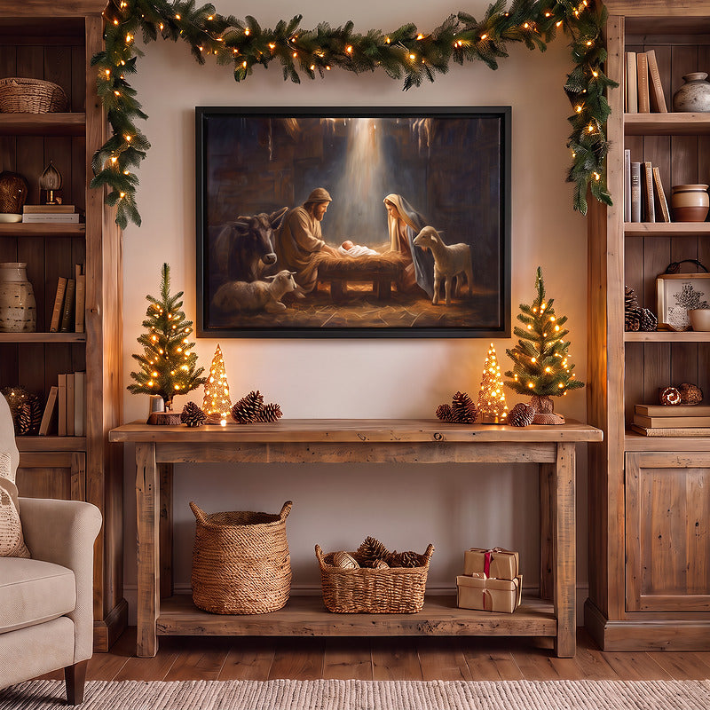 Nativity canvas in a black frame above a reclaimed wood console between bookcases, with lit garland and small trees