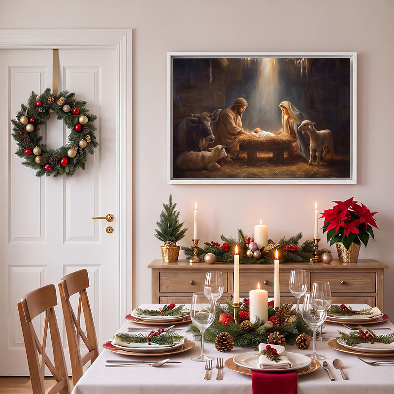Nativity canvas in a white frame above a sideboard in a dining room set for Christmas dinner, wreath on the door