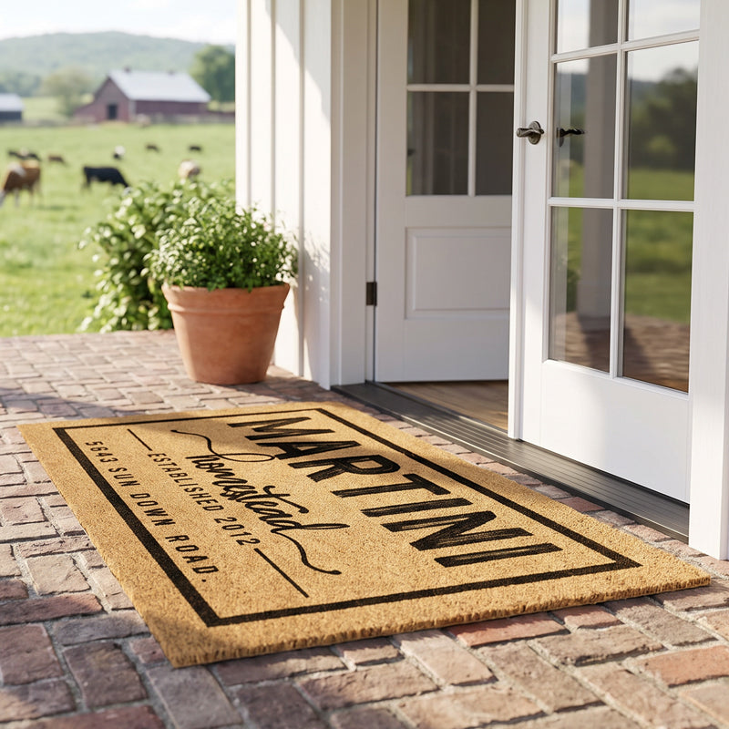 Front door mat with name and address on a brick porch overlooking a red barn and pasture