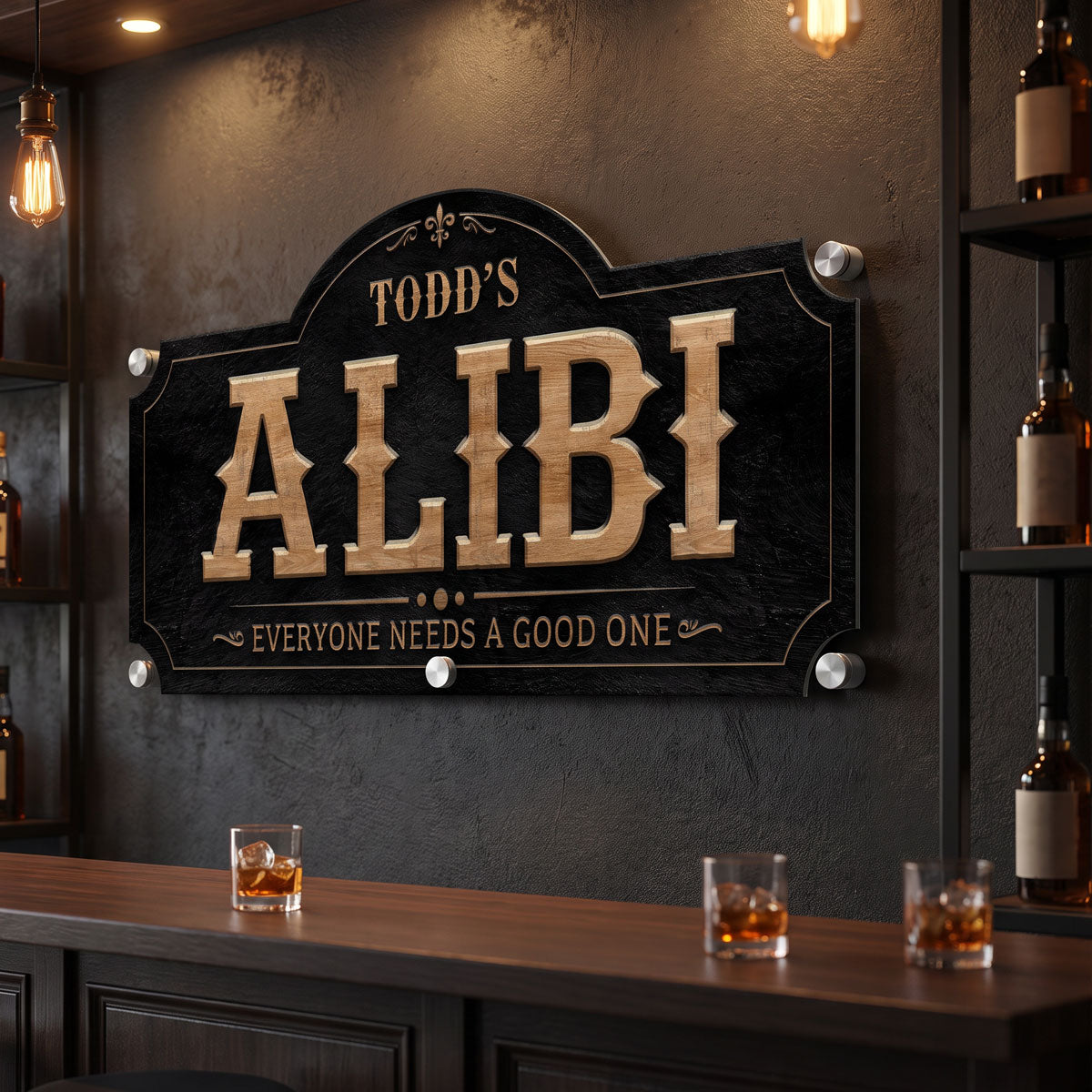 Personalized funny bar sign Todd's Alibi hanging above a home bar with whiskey glasses and an Edison bulb