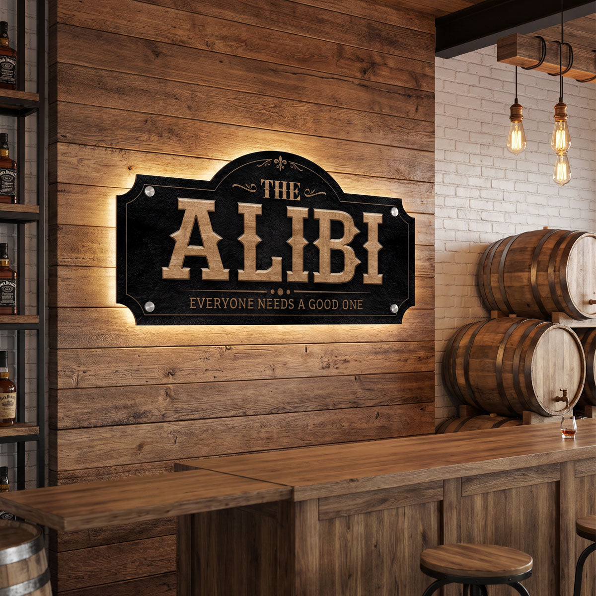 The Alibi funny bar sign in wood look lettering on a plank wall in a barrel room with Edison bulb lighting