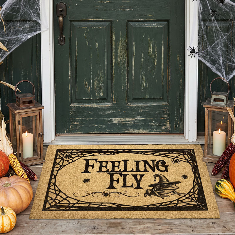 Feeling Fly witch halloween door mat at green door with spider webs lanterns and pumpkins