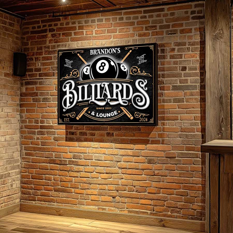 game room decor on black textured background with the words Billiards and Lounge personalized