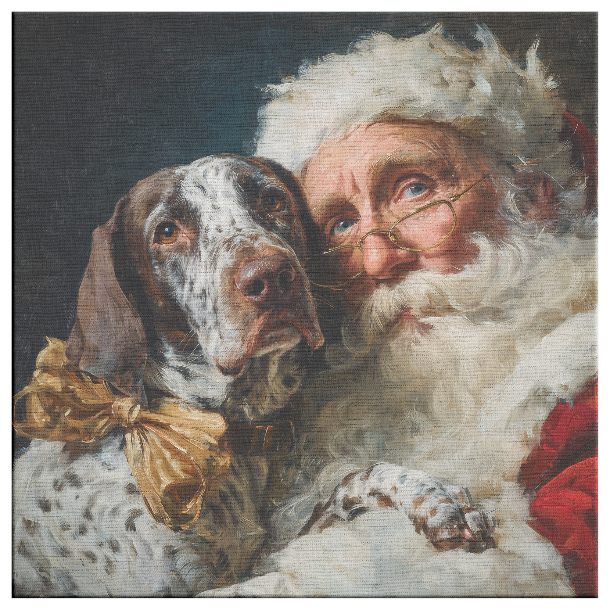 Vintage Santa holding a German Shorthaired Pointer—canvas pet portrait