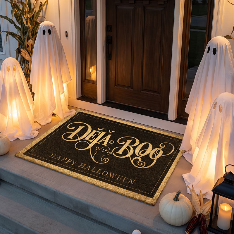 Ghost Halloween doormat reading Deja Boo at a wood front door surrounded by glowing ghost figures