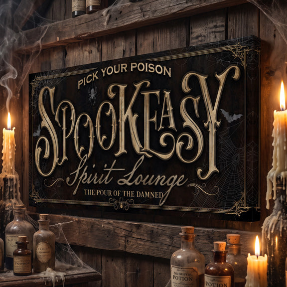Gold Spookeasy Halloween bar sign with worn gold pick your poison speakeasy lettering