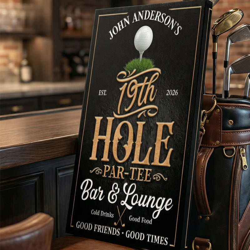Canvas 19th hole decorative golf art for a bar and lounge named '19th Hole Par-Tee' with golf theme.