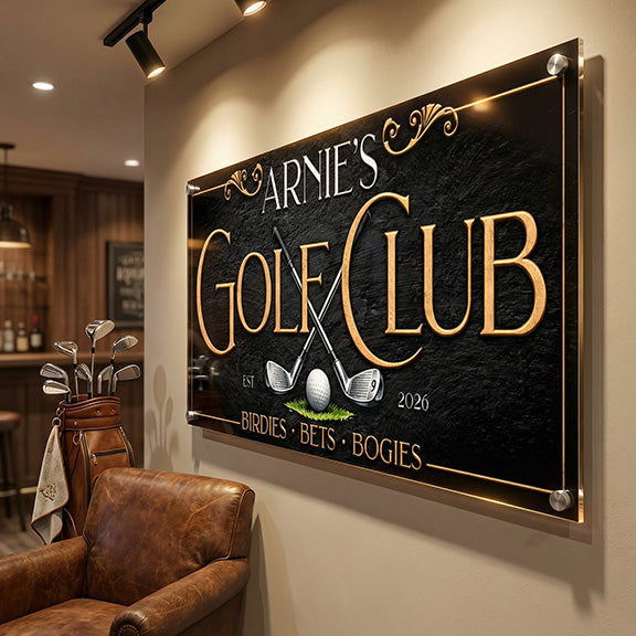 golf basement bar sign decorative decor for 'Arnie's Golf Club' in a room with a leather chair and golf-themed decor.