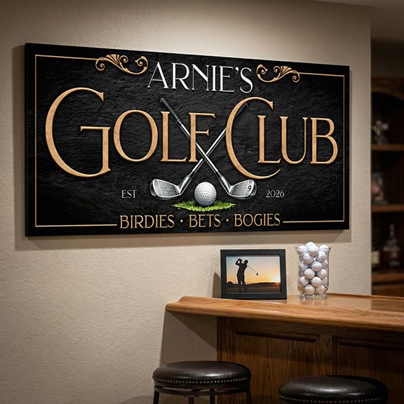 Golf Club sign golf decor hanging in basement on the wall of a man cave.