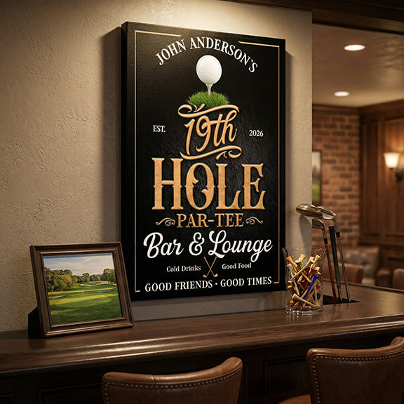 Personalized golf decor bar and lounge sign with golf theme on a wall in a room with a golf-themed picture and decor.