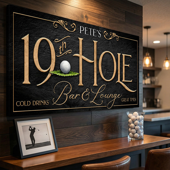 Golf gift for dad decorative sign for 'Pete's 19th Hole Bar & Lounge' in a bar setting.