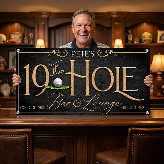 golf gifts ideas of the 19th hole golf sign being held by a happy man.