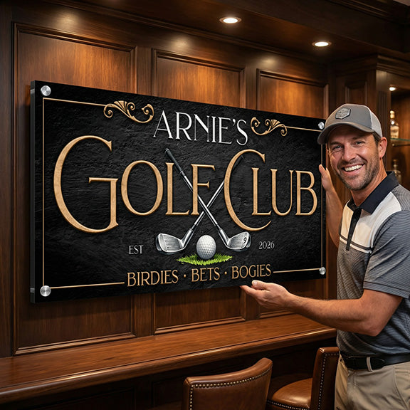 acrylic golf sign with a man holding with a big smile on his face.