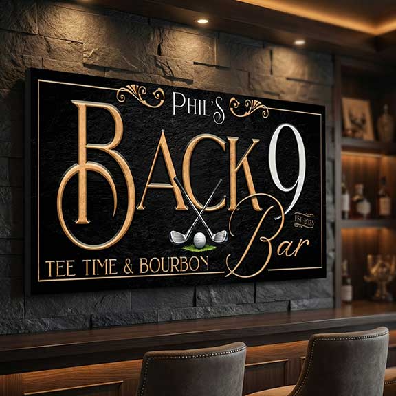 golf gifts for men of a sign on the wall of a basement wall
