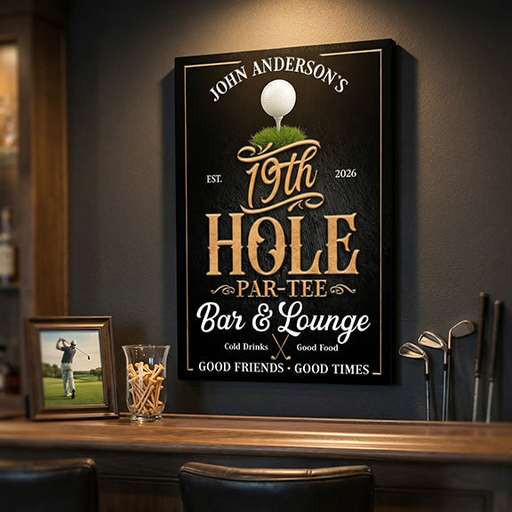 Personalized golf-sign-19th-hole themed sign for a bar and lounge on a wall.