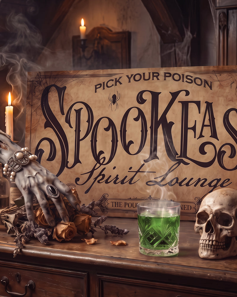 Spookeasy gothic bar sign behind a skeletal ringed hand, a green cocktail and a skull in candlelight