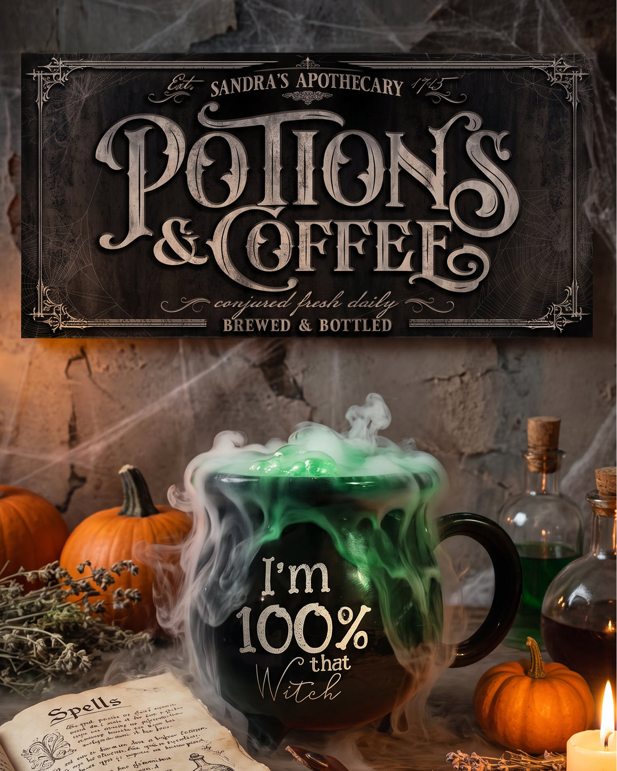 Potions and Coffee sign above a green bubbling cauldron mug with pumpkins and an open spell book