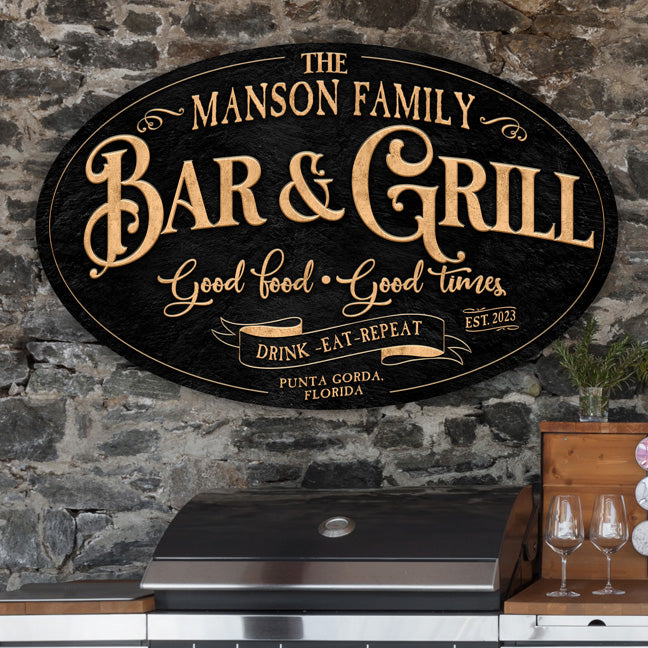 Personalized Bar and Grill Sign on black textured background with gold letters that say Bar and Grill
