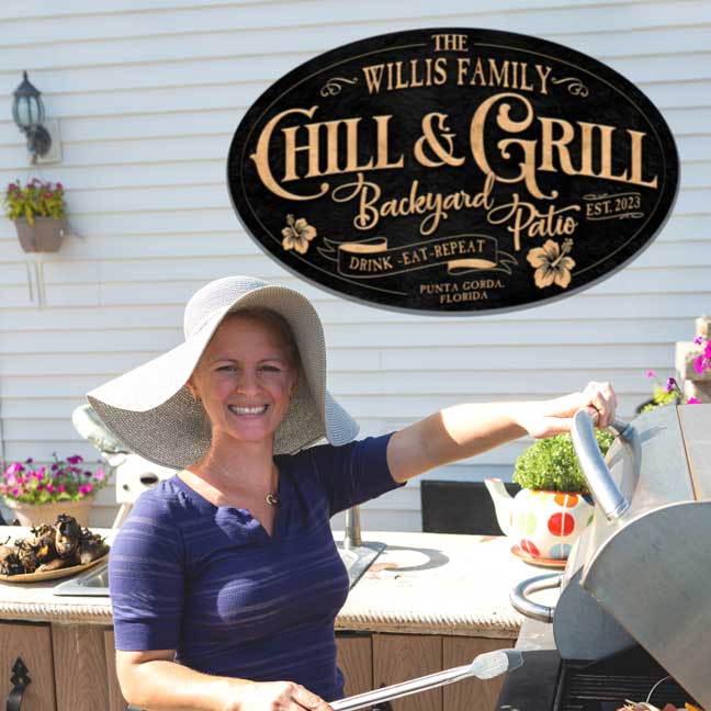 Patio sign on black textured background with the words - Chill & Grill backyard Patio personalized