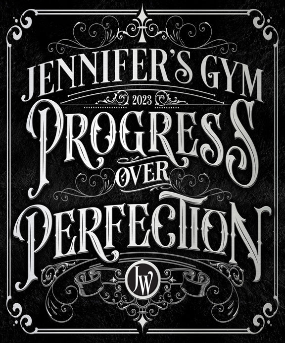 Gym Room Decor with black background and white words that say (family name) Progress over perfection with date.