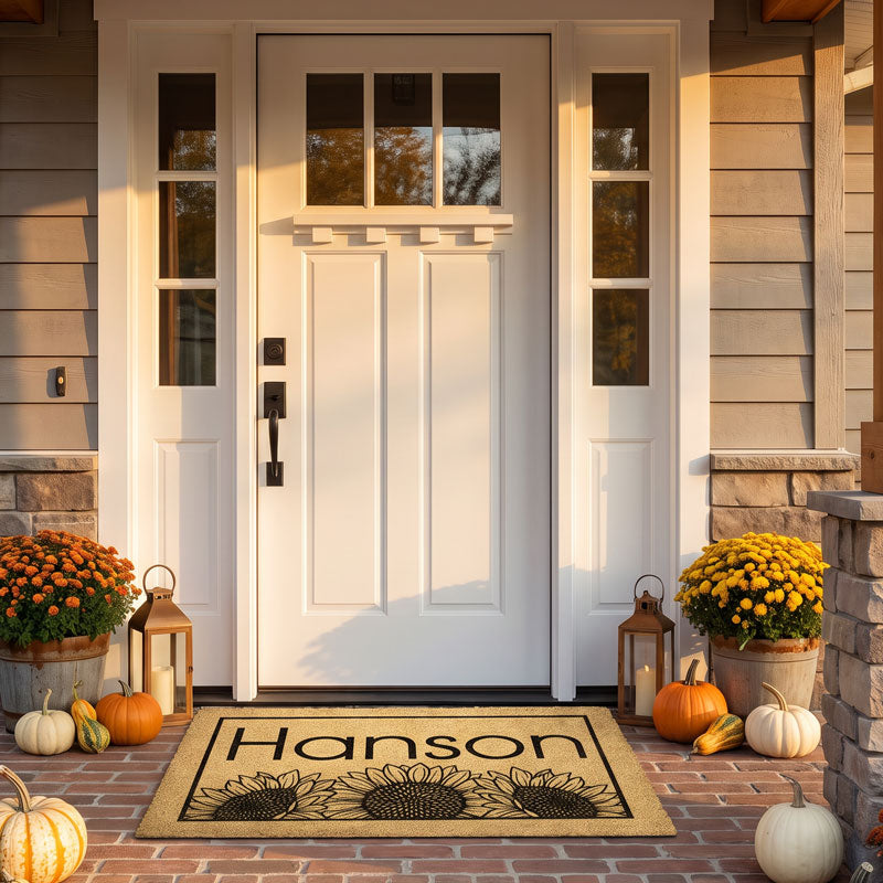 Custom fall doormat sunflower design with bold family name lettering