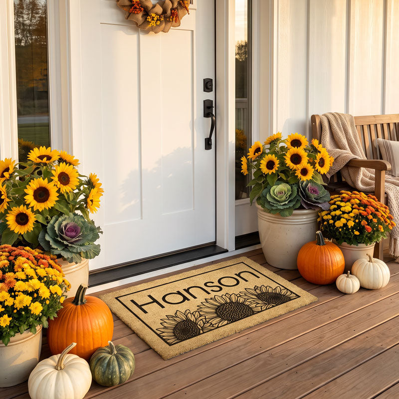 Personalized Sunflower Fall Doormat shown at front porch entry