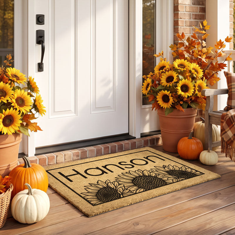 Personalized sunflower fall doormat design with family name on golden coir