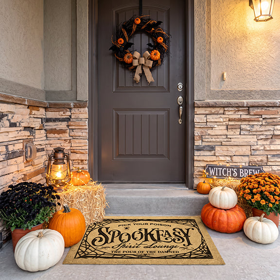 Halloween bar doormat reading Spookeasy Spirit Lounge on a porch with pumpkins, a hay bale and a bat wreath