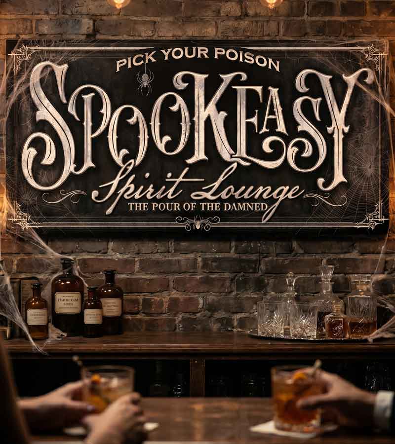 Decorative sign for 'Spookeasy Spirit Lounge' with bottles and glasses on a bar background.