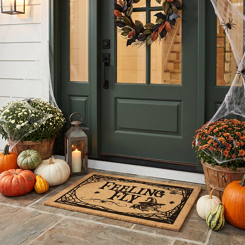 Halloween door mat reading Feeling Fly with witch and spiders, on a stone porch with mums and pumpkins