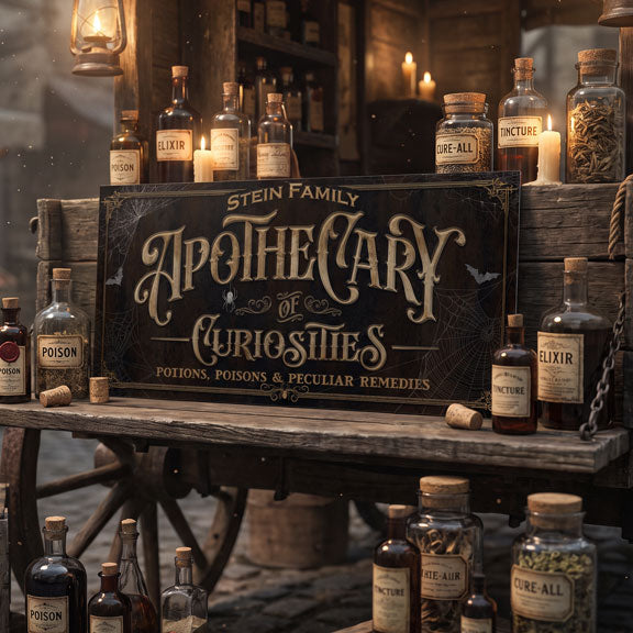 Halloween potion sign, antique apothecary and gothic halloween decor on a vintage cart with elixir and cure-all bottles
