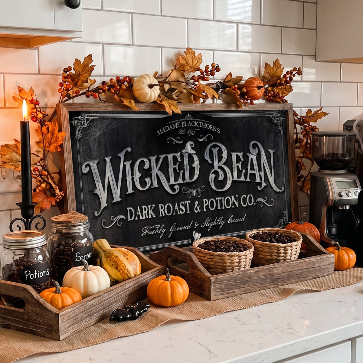 halloween sign and coffee bar sign on a marble counter beside potion jars, gourds and white pumpkins