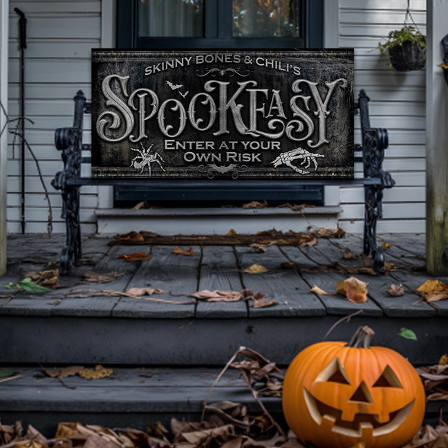 Halloween Sign Spookeasy on dark stone background with family name and a spider with a hand